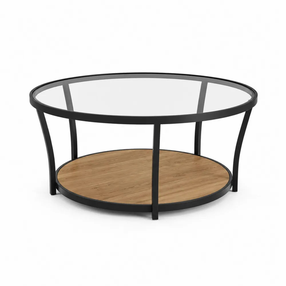 Couchtisch rund 80 x 80 x 45 cm Glasplatte Metallrahmen Ablageboden Holzdekor Schwarz Transparent Naturholz