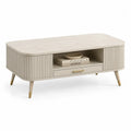 Couchtisch 120 cm x 60 cm x 45 cm MDF Creme mit Schublade und offenen Fächern Rillenfront Holzfüße Goldgriff