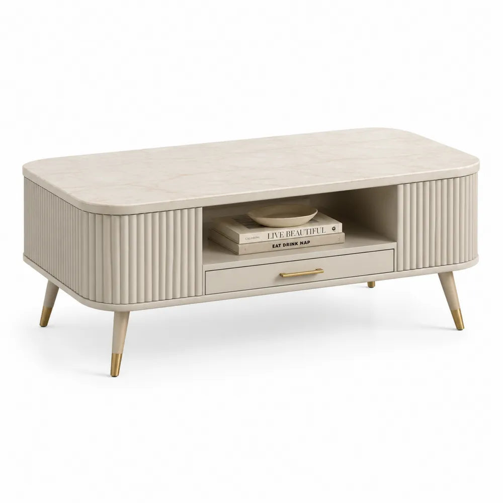 Couchtisch 120 cm x 60 cm x 45 cm MDF Creme mit Schublade und offenen Fächern Rillenfront Holzfüße Goldgriff