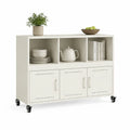 Rollbares Sideboard Kommode 120 x 40 x 85 cm Spanplatte Stahl Cremeweiß rechteckig mit 3 offenen Fächern 3 Türen Rollen