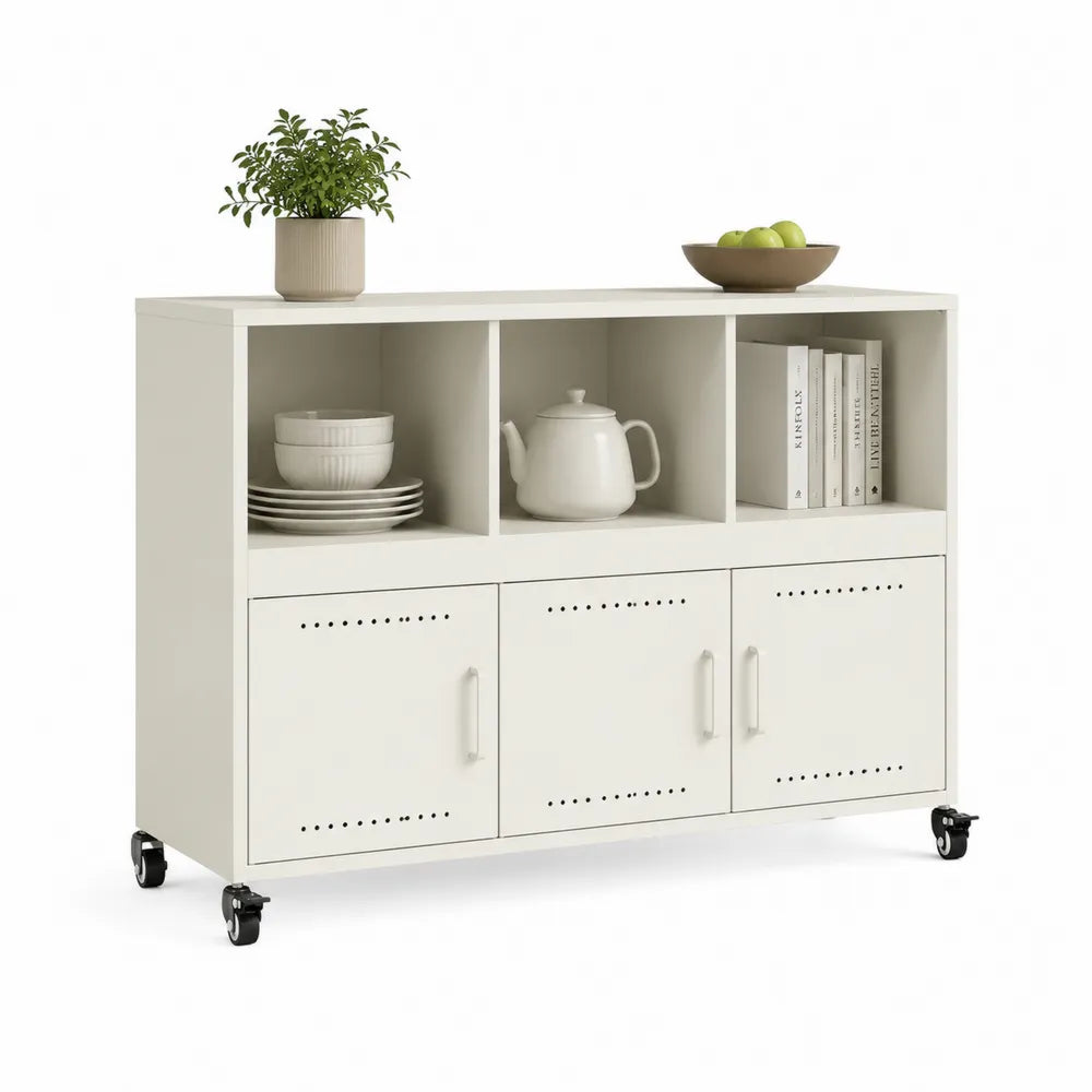 Rollbares Sideboard Kommode 120 x 40 x 85 cm Spanplatte Stahl Cremeweiß rechteckig mit 3 offenen Fächern 3 Türen Rollen