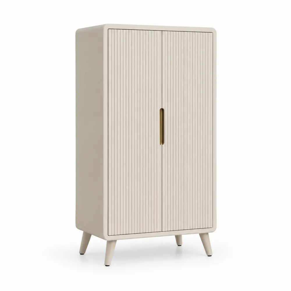 Kleiderschrank 2 Türen geriffelt MDF Holzwerkstoff Beige Gold Holzbeine rechteckig ca 80 x 40 x 160 cm