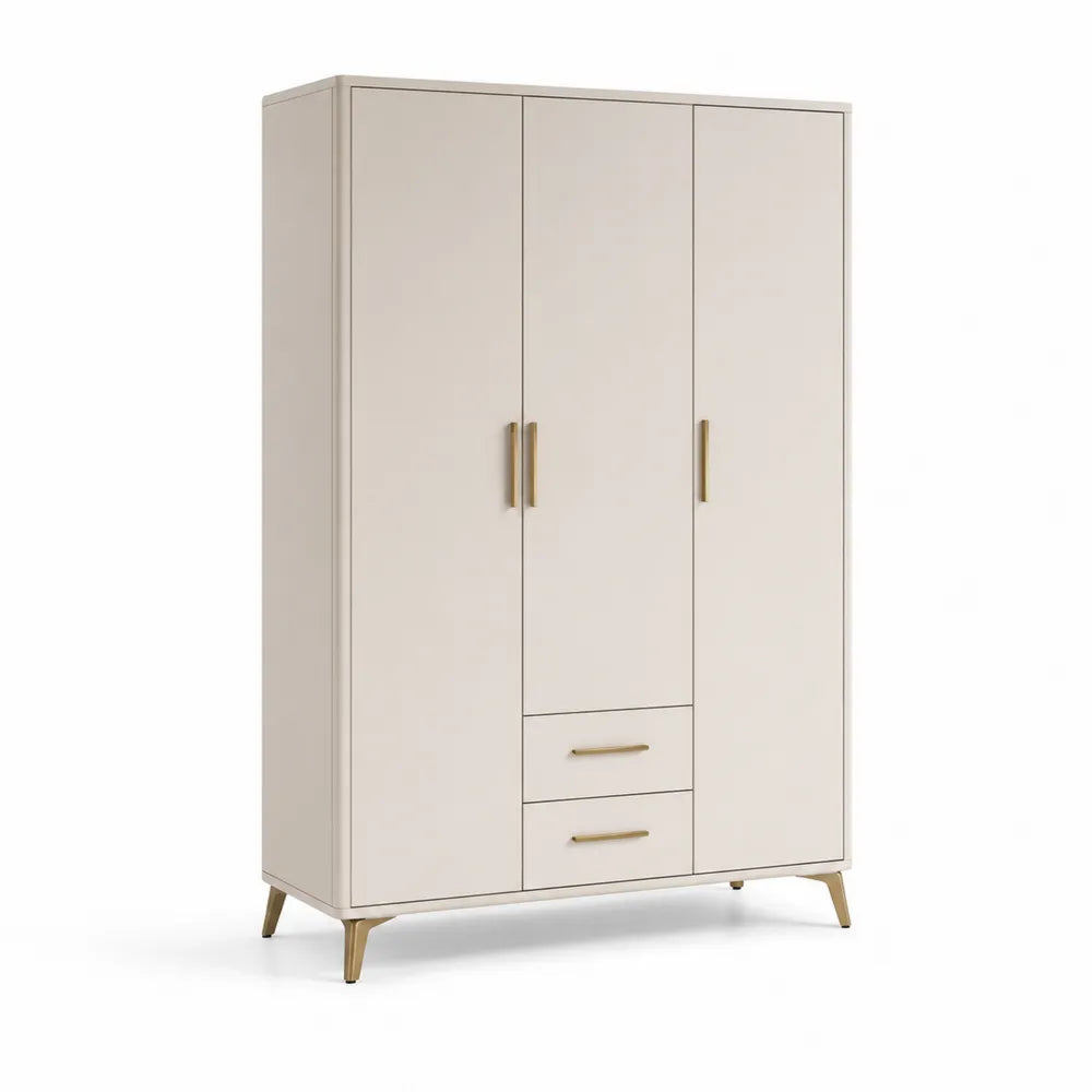 Kleiderschrank 120 x 55 x 180 cm 3 Türen 2 Schubladen MDF beige goldfarbene Griffe konische Metallfüße