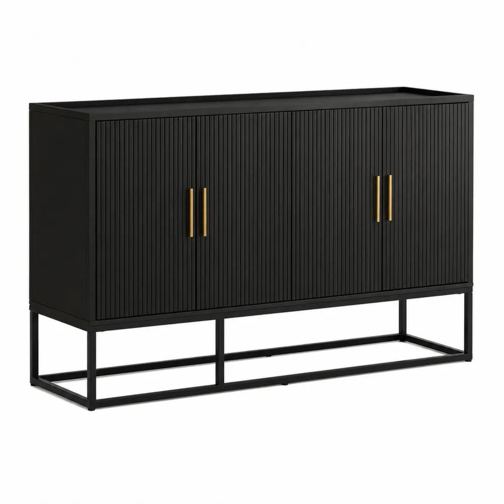 Sideboard Kommode 150 x 40 x 80 cm MDF Stahlgestell geriffelte Front Schwarz Gold rechteckig mit 2 Türen und Metallgestell