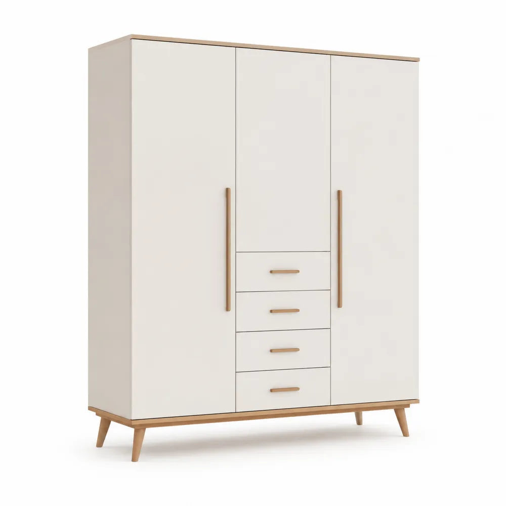 Kleiderschrank 160 x 50 x 200 cm 2-türig mit 4 Schubladen Weiß Naturholz rechteckig Holzwerkstoff
