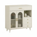 Sideboard Kommode 140 cm 40 cm 85 cm MDF Holzwerkstoff Cremeweiß Glasfront geriffelt mit Schubladen und offenen Fächern Goldgriffe