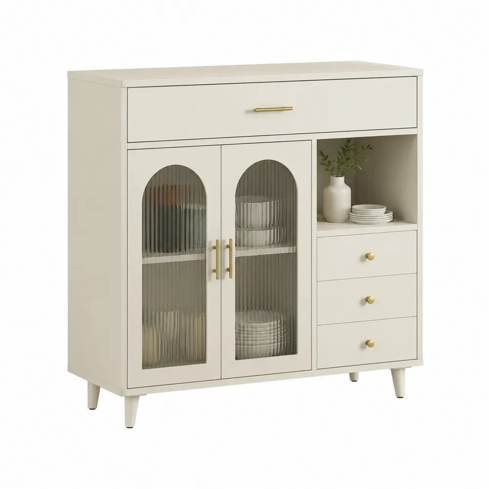 Sideboard Kommode 140 cm 40 cm 85 cm MDF Holzwerkstoff Cremeweiß Glasfront geriffelt mit Schubladen und offenen Fächern Goldgriffe