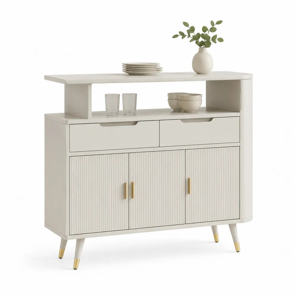 Sideboard Kommode 140 cm 40 cm 90 cm MDF Holzwerkstoff Cremeweiß mit geriffelten Türen Schubladen und offenem Fach Gold