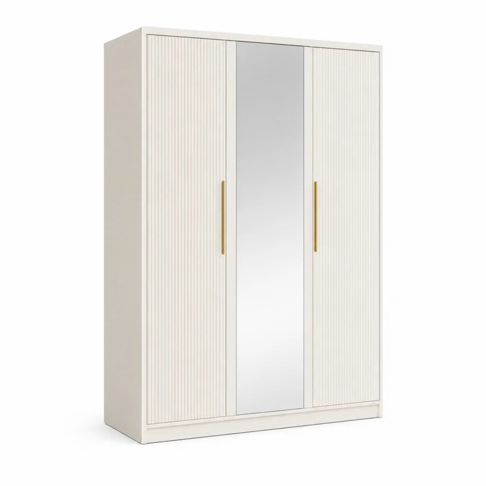 Kleiderschrank 160 x 55 x 200 cm 3 Türen mit Spiegelfront MDF Melaminbeschichtet Rillenfront Creme Gold rechteckig