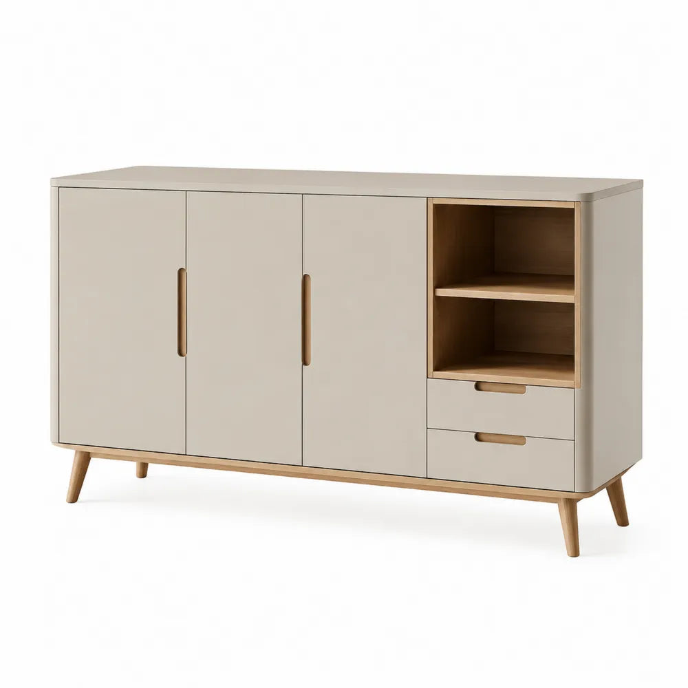 Sideboard Kommode 140 x 40 x 80 cm Holz Beige Naturholzoptik Türen Schubladen offenes Fach Holzbeine