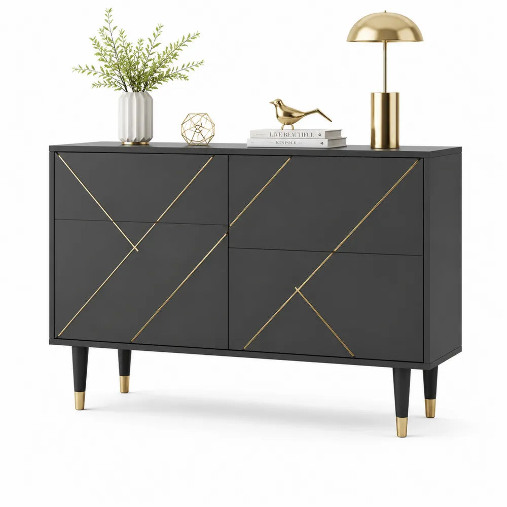 Sideboard Kommode 140 cm 40 cm 80 cm MDF Holzwerkstoff Schwarz Gold mit 4 Türen diagonalen Zierleisten