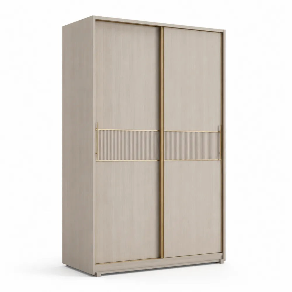 Kleiderschrank Schiebetüren 2 Türen geriffelte Front MDF Holzoptik Beige Gold 160 x 60 x 200 cm
