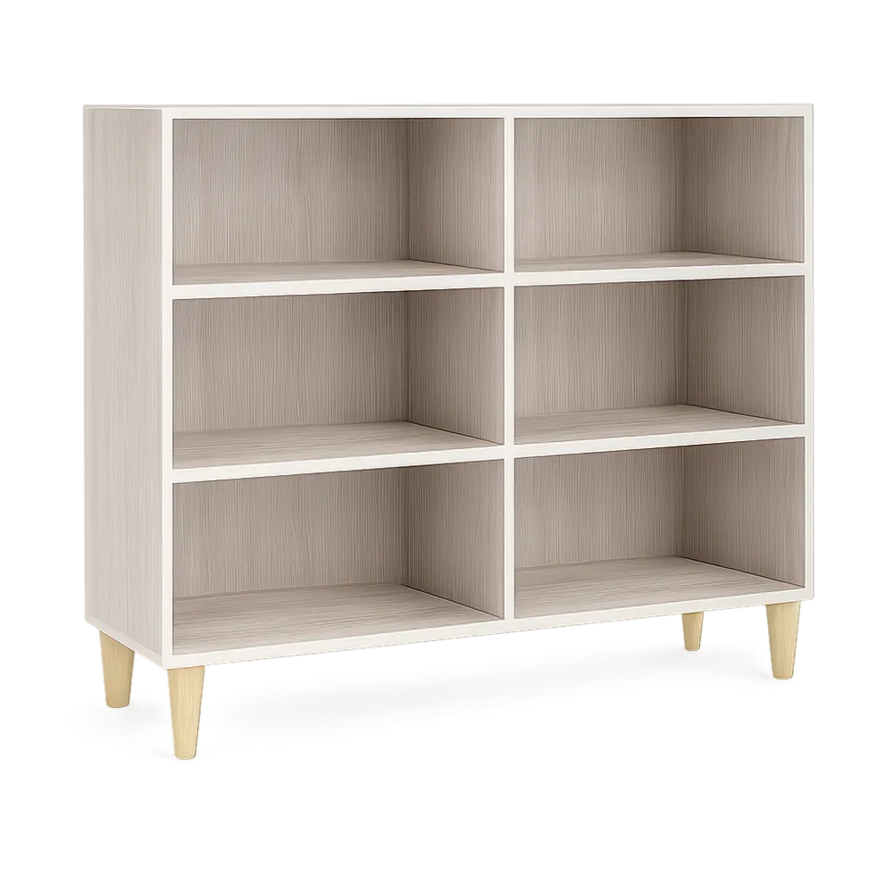Sideboard Regal 120 x 35 x 85 cm Holzoptik Weiß Eiche hell 6 offene Fächer rechteckig mit Holzbeinen