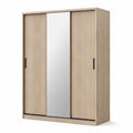 Schwebetürenschrank 150 x 60 x 200 cm Spanplatte Eichefarben mit Spiegeltür und geriffelten Holzfronten