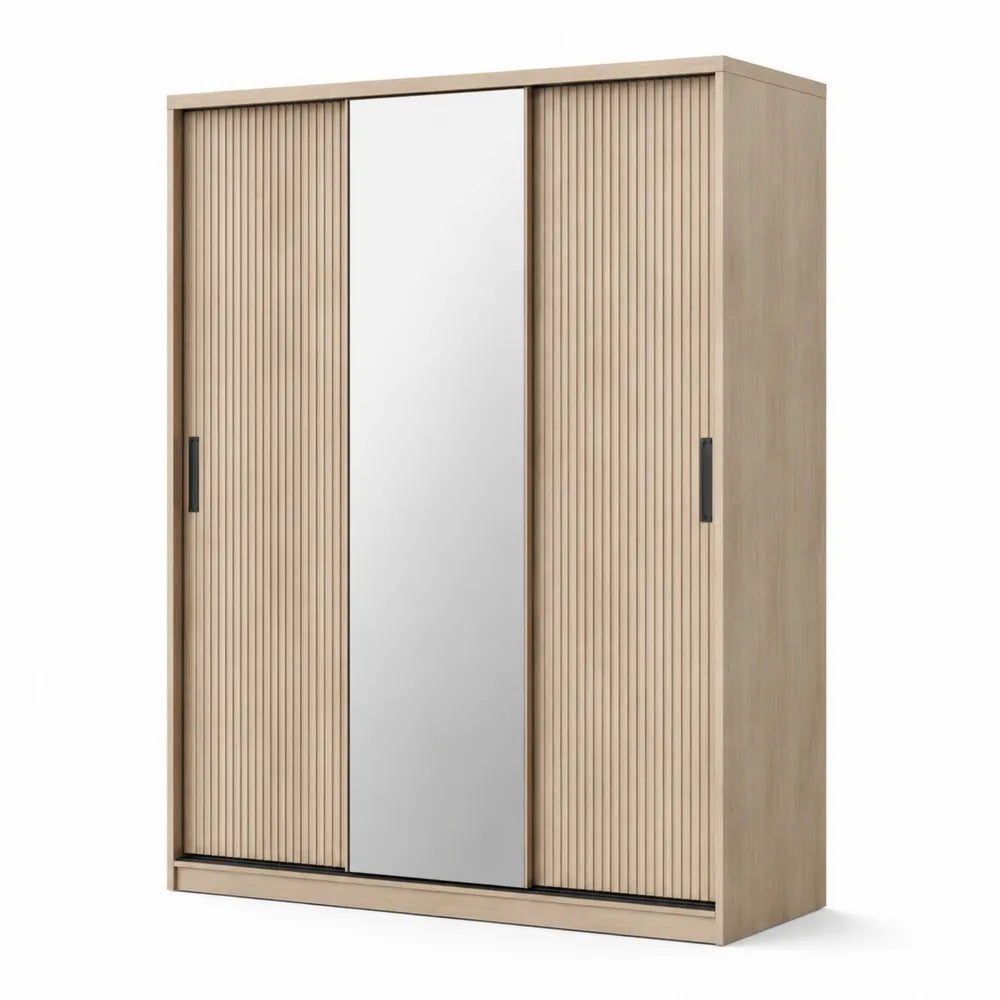 Schwebetürenschrank 150 x 60 x 200 cm Spanplatte Eichefarben mit Spiegeltür und geriffelten Holzfronten