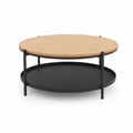 Couchtisch rund 80 x 80 x 45 cm Holzplatte Schwarz Metallgestell mit Ablageboden Naturholzoptik