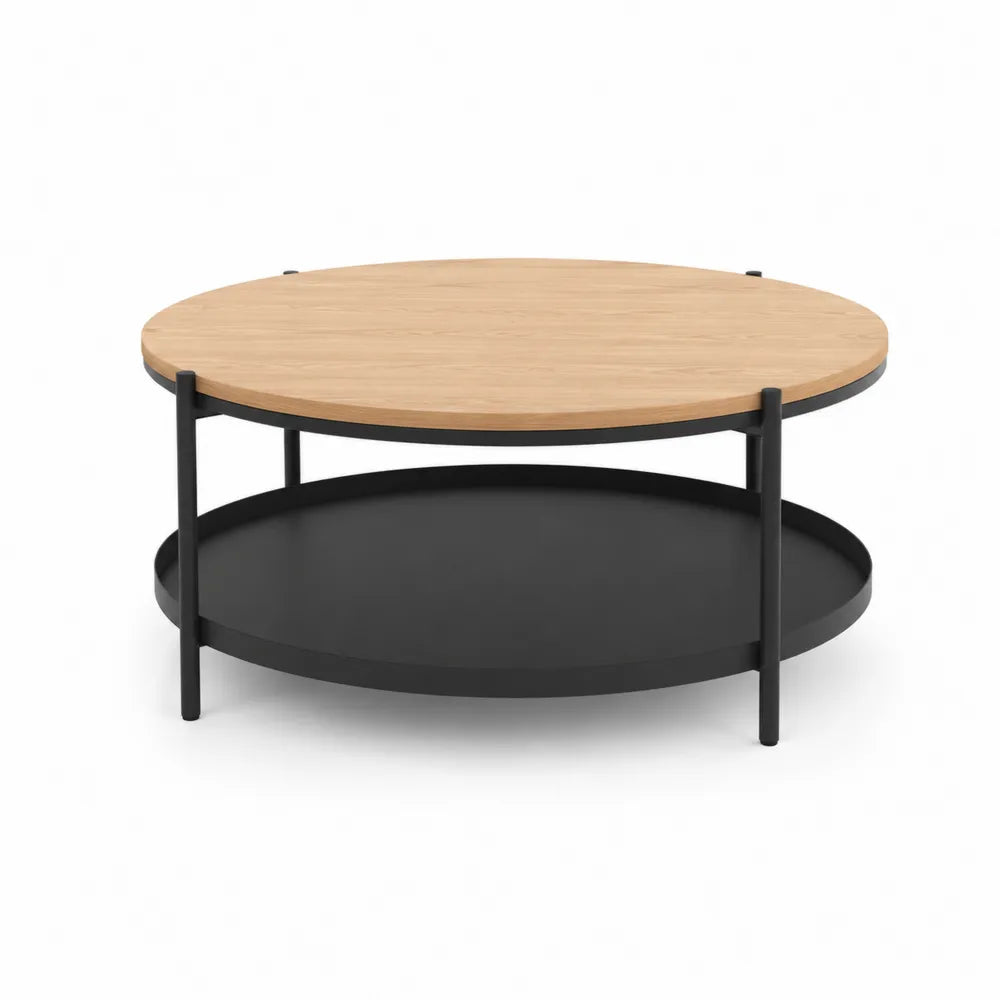 Couchtisch rund 80 x 80 x 45 cm Holzplatte Schwarz Metallgestell mit Ablageboden Naturholzoptik