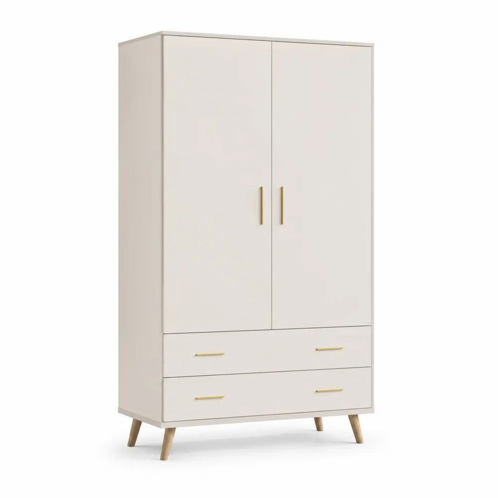 Kleiderschrank 90 x 50 x 180 cm 2 Türen 2 Schubladen MDF beige Holzoptik goldfarbene Griffe Holzfüße