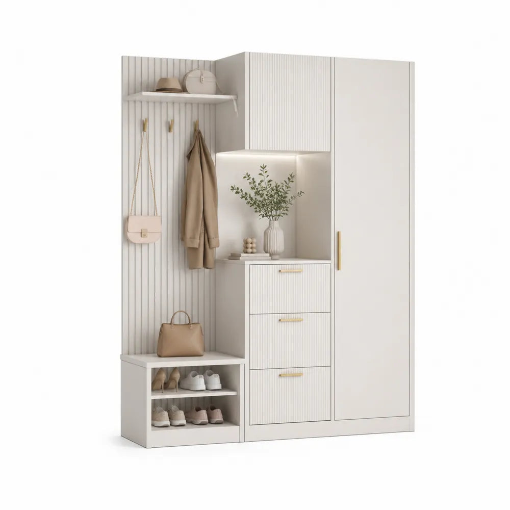 Flurgarderobe mit Schuhbank Hochschrank Schubladen und Hakenleiste 180 x 35 x 200 cm MDF Weiß Creme Gold rechteckig