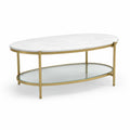 Couchtisch oval 100 x 50 x 45 cm MDF Marmoroptik Metallgestell Gold mit Glasablage transparent
