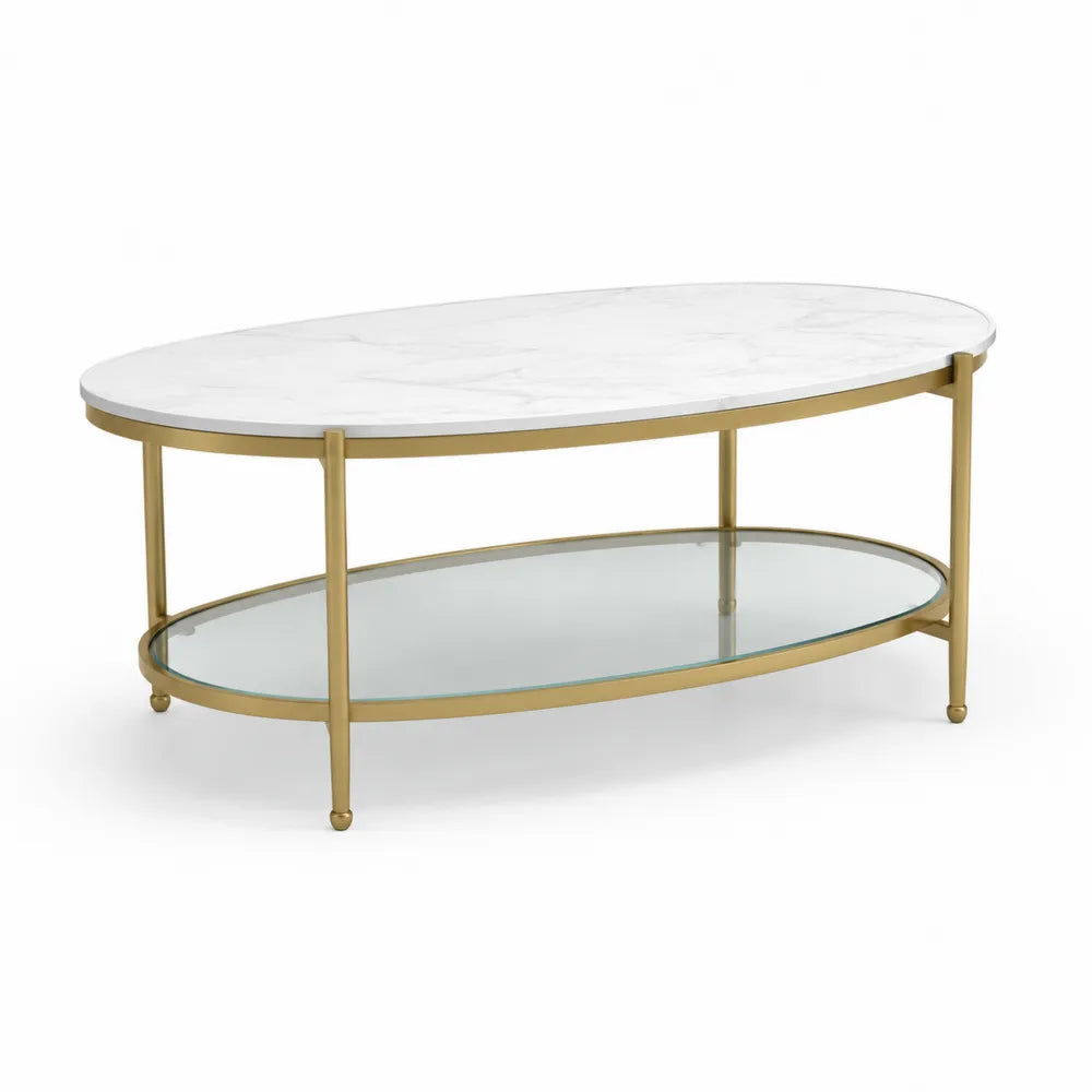 Couchtisch oval 100 x 50 x 45 cm MDF Marmoroptik Metallgestell Gold mit Glasablage transparent