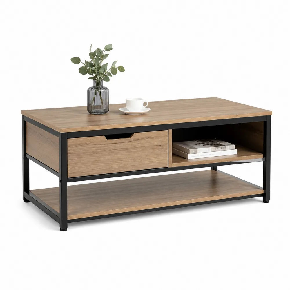 Couchtisch 100 x 50 x 45 cm rechteckig Holzwerkstoff Naturholzoptik Schwarz Metallgestell mit Schublade und Ablagefach